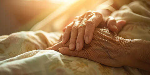Gentle Hands Holding in Palliative Care. Elderly and caregiver hands in a comforting embrace on a cloth.