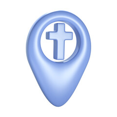 Obraz premium Christian 3d blue cross geotag gps icon. Element for church place, religious building address. Object transparent