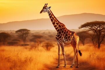 Giraffe walking across the African Savanna Ai generated