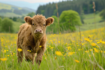 Highland Cow Calf Frolicking in Scottish Meadows