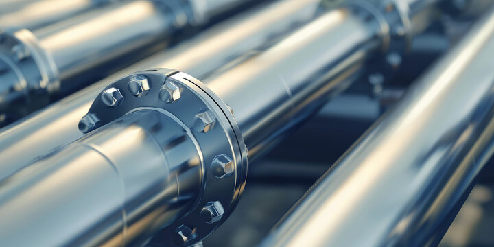 Industrial metal Pipeline Detail in Silver Tones. Close-up of silver industrial pipes with flange joints, banner background.