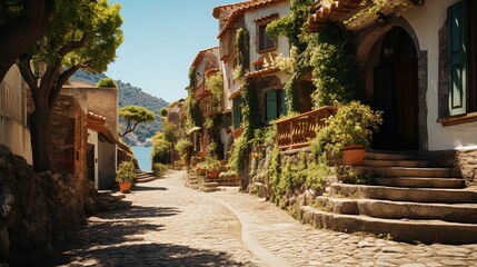 Typical quiet street of a European village on the Mediterranean in spring or summer. - obrazy, fototapety, plakaty