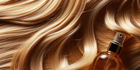 Obraz premium Luxurious Hair Care Product blank container mockup on Glossy Blonde Hair background, copy space. Hair serum bottle, package design template.