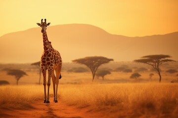 Giraffe walking across the African Savanna Ai generated