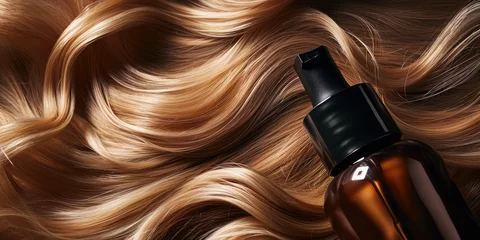 Foto op Plexiglas Luxurious Hair Care Product blank container mockup on Glossy Blonde Hair background, copy space. Hair serum bottle, package design template. © dinastya