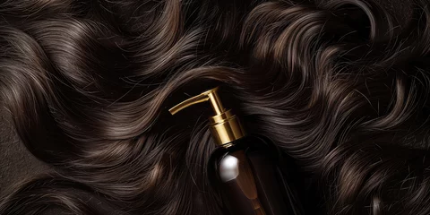 Foto op Plexiglas Luxurious Hair Care Product blank container mockup on Glossy brunette Hair background, copy space. Hair serum bottle, package design template. © dinastya