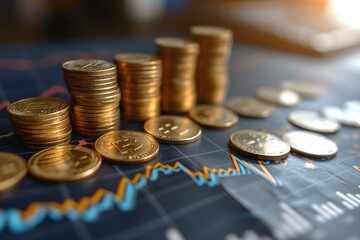Golden growth arrow and currency coins on a 3D financial background symbolize success in business, investment, and a thriving economy. Financial market concept with profit chart.