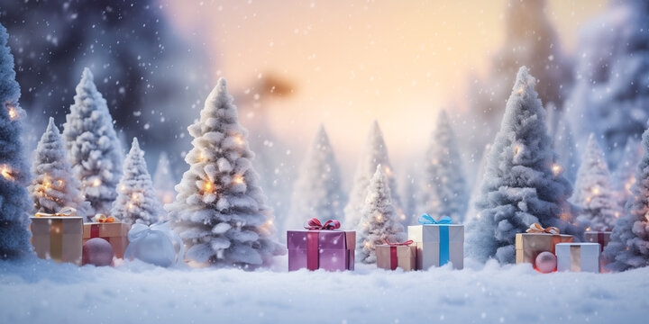Beautiful Christmas banner and New Year background with decorated xmas tree with gift box against of sunset winter forest, bokeh snow and magical mood