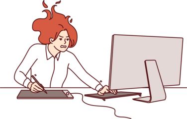 Nervous woman freelancer sitting at computer, feeling pressure due to tight deadlines to complete project. Girl with shaggy hair is located at office desk with monitor trying to meet deadlines
