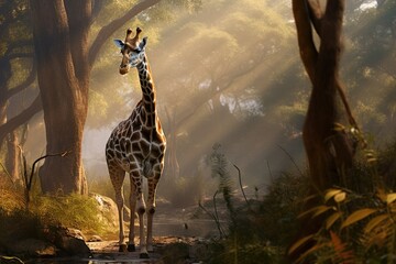 Giraffe walking across the African forest Ai generated