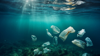 Blue water with waste. Concept plastic pollution ocean with garbage.