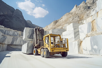 Industry marble quarry, industrial truck car transportation white blocks, sun light.