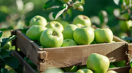 Fresh green apples on wooden boxes in the garden. selective focus. Generative AI,