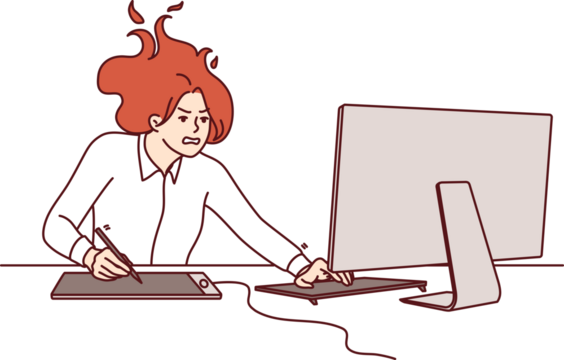 Nervous woman freelancer sitting at computer, feeling pressure due to tight deadlines to complete project. Girl with shaggy hair is located at office desk with monitor trying to meet deadlines