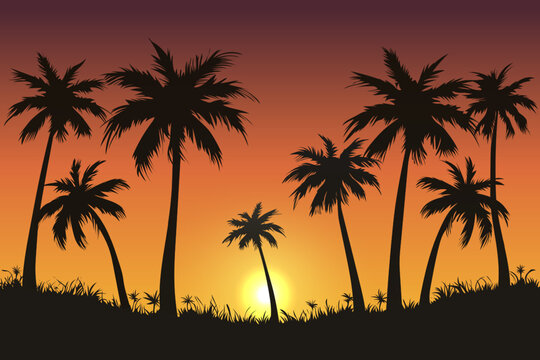 Silhouettes of palm trees against the backdrop of a beautiful sunset. Vector illustration of palm trees in flat style for design, background, banner, poster, card, cover or print.