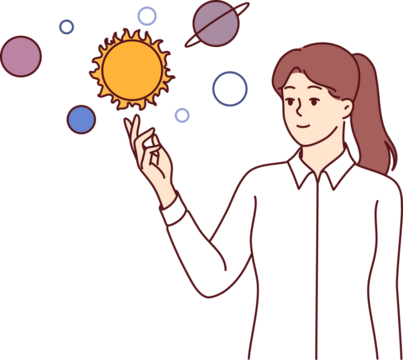 Woman studies outer space and solar system to make astrological forecast for future, dressed in business clothes. Planets and stars from space or neighboring galaxy near scientist girl