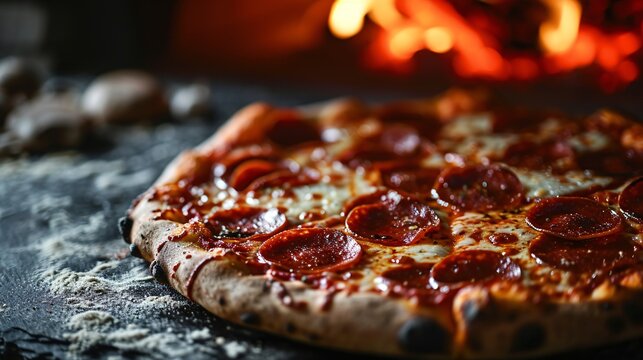 Charcoal-roasted pepperoni pizza on a dark backdrop with professional lighting, representing food delivery and AI technology.