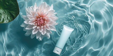 Serene pastel pink Water Lily and Cosmetic Cream Tube mockup, copy space. A water lily and skincare blank tube float on water.