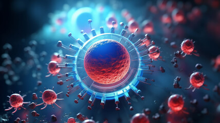 Futuristic immune system protection with glowing blue shield VS red Virus attack, bacteria cells. Concept healthcare support, neon blue color. - obrazy, fototapety, plakaty