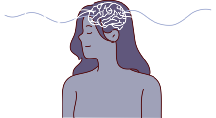 Woman uses telepathy or telekinesis, posing with waves spreading from brain to exchange information remotely. Concept specific capabilities of human brain due to high intellectual abilities