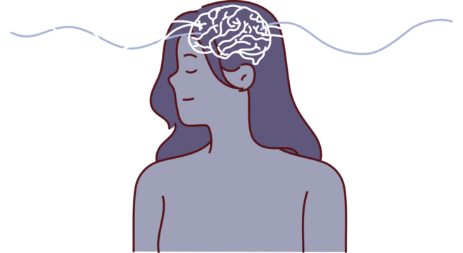 Woman uses telepathy or telekinesis, posing with waves spreading from brain to exchange information remotely. Concept specific capabilities of human brain due to high intellectual abilities