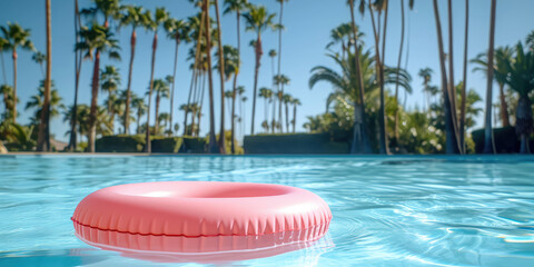 Tropical Poolside Leisure. Inflatable pink circle pool float bobs on the sunlit water of a tranquil pool, framed by lush palm trees, copy space.