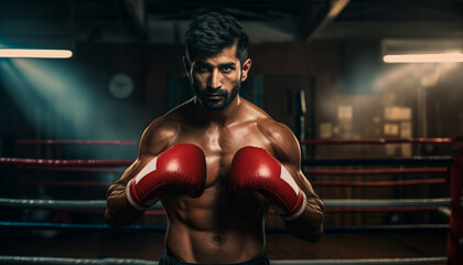 Fototapeta na wymiar Portrait of a young Indian man wearing boxing gloves in a gym on a dark background. Serious face, kickboxing or muscles of an athlete ready for fight, exercise or training, 
