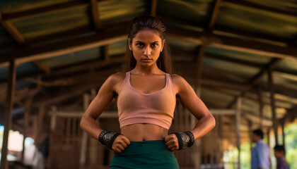 Portrait of a young Indian girl wearing boxing gloves in a gym on a dark background. Serious face, kickboxing or muscles of an athlete ready for fight, exercise or training,