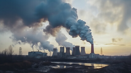 Concept industry environmental problem Air pollution, smog from power industrial factory plant smoking pipe.