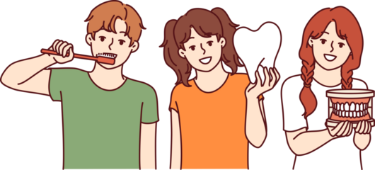 Small children with toothbrush and model of large tooth are urged to follow rules of oral hygiene