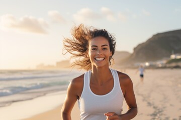 Fototapeta na wymiar Portrait of an active girl in her 30s jogging on the beach. With generative AI technology