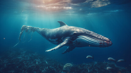Fototapeta premium Concept plastic pollution water and human waste. Blue whale floating among garbage in ocean.