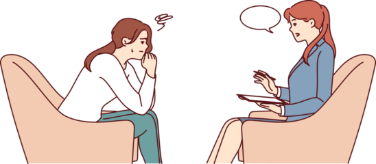 Woman consults psychologist to get rid of mental problems, sits in chair opposite psychotherapist