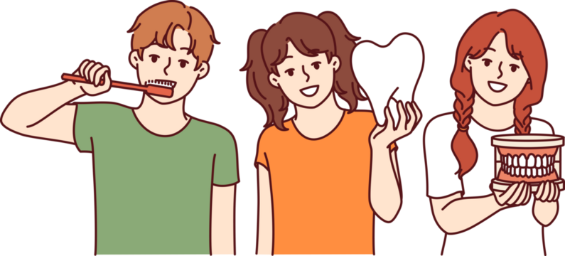 Small children with toothbrush and model of large tooth are urged to follow rules of oral hygiene