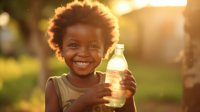 Smile african child holding plastic water bottle, happy childhood. Concept for solving drinking water problems in Africa, need for pump