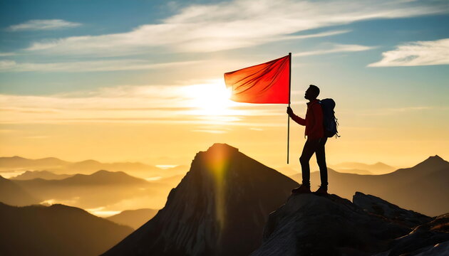 A man holding a red flag on the mountain. Symbolize success and achieve the goal.