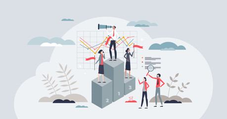 Fototapeta na wymiar Competitor benchmarking tools to evaluate company tiny person concept. Product, service or performance comparison with other businesses in market vector illustration. Compare and evaluate process.