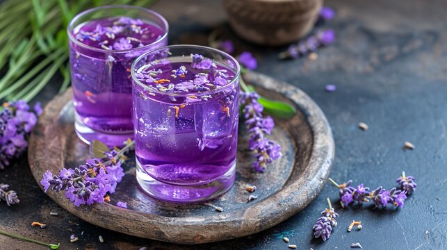 Violet lavender blossom nectar in a goblet. Premium image.