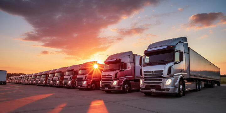 logistic banner, Cargo trailers Trucks stand in row, sunset light. International center warehouse.