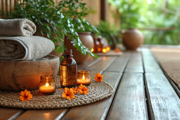 Aromatherapy Essentials, Zen Spa Environment, Holistic Massage Oils, spa still life with oils and candles