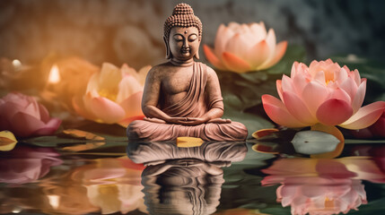 Concept banner statue Buddha with water lily or lotus flower. Vesak day birthday, Buddhist lent.