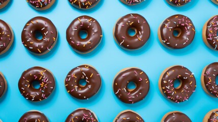 A lot of chocolate glazed donuts lie on a blue background. View from above. An advertisement for a pastry shop. Delicious sweet, but very fatty and unhealthy food.