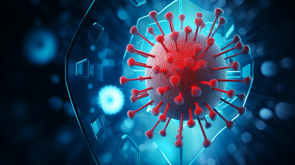 Futuristic immune system protection with glowing blue shield VS red Virus attack, bacteria cells. Concept healthcare support, neon blue color. - obrazy, fototapety, plakaty