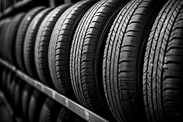 Car tire black banner background. Tires for sale in shop. - obrazy, fototapety, plakaty