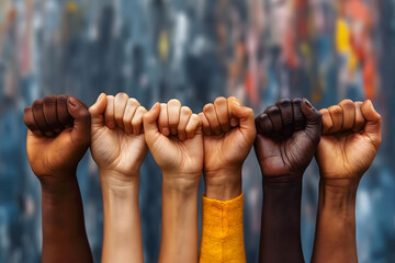 Multi ethnic people raising hands, Generative Ai - obrazy, fototapety, plakaty