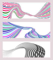 Wavy lines or ribbons. Set of 3 backgrounds. Multicolored striped gradient. Creative unusual background with abstract gradient wave lines to create a trendy banner, poster. vector eps