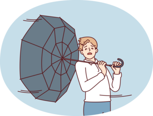 Man with umbrella turned backwards walks down street during severe life-threatening storm. Pedestrian in casual clothes caught in hurricane walking around city and needs shelter