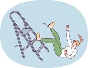 Clumsy woman falls off stepladder during repairs and risks injury and hospitalization with fracture. Concept violation of safety rules when using stairs leading to accident