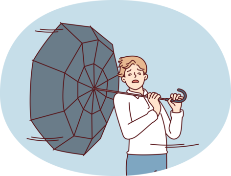 Man with umbrella turned backwards walks down street during severe life-threatening storm. Pedestrian in casual clothes caught in hurricane walking around city and needs shelter