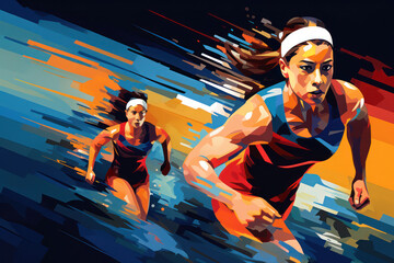 Dynamic Athletics: A Fast-Paced Marathon Race for Fit, Strong Women in Motion, Exuding Energy and Determination at a Vibrant Stadium.